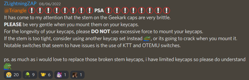 screenshot of discord message describing that Geekark keycap stems may shatter if placed too roughly on some KTT/Outemu switches